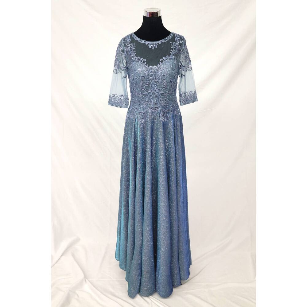 Chicas J006 Missy Maxi Dress Women L Blue Sparkly 3/4 Sleeve Formal Gown NWT